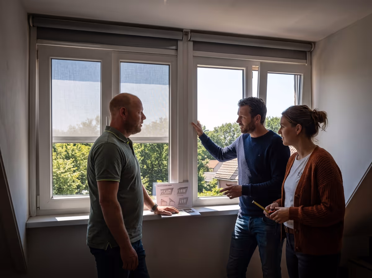 Drie mensen bespreken raamopties bij een raam met bomen buiten zichtbaar.