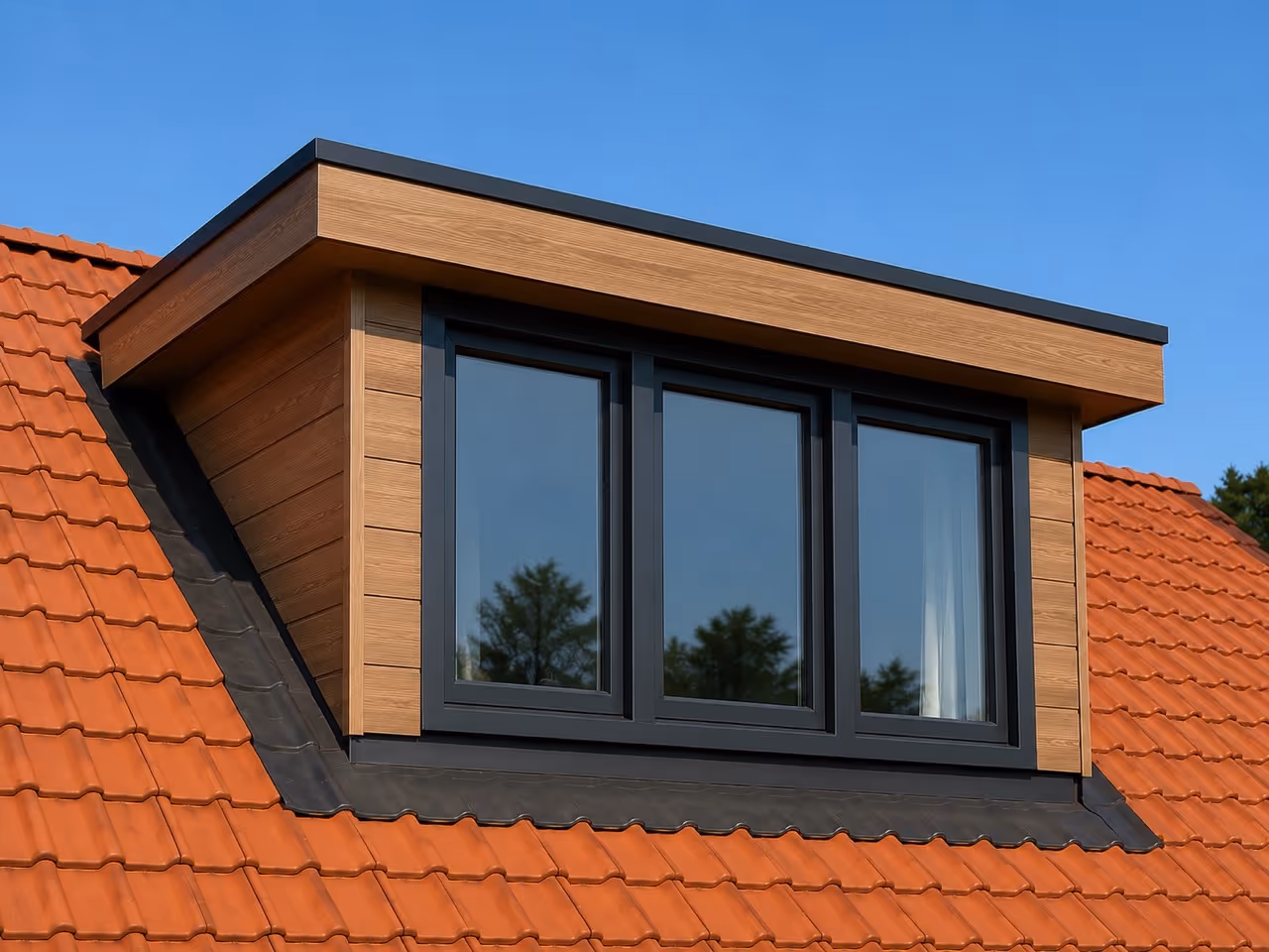 Houten dakkapel met drie ramen op een dak met oranje dakpannen onder een blauwe lucht.