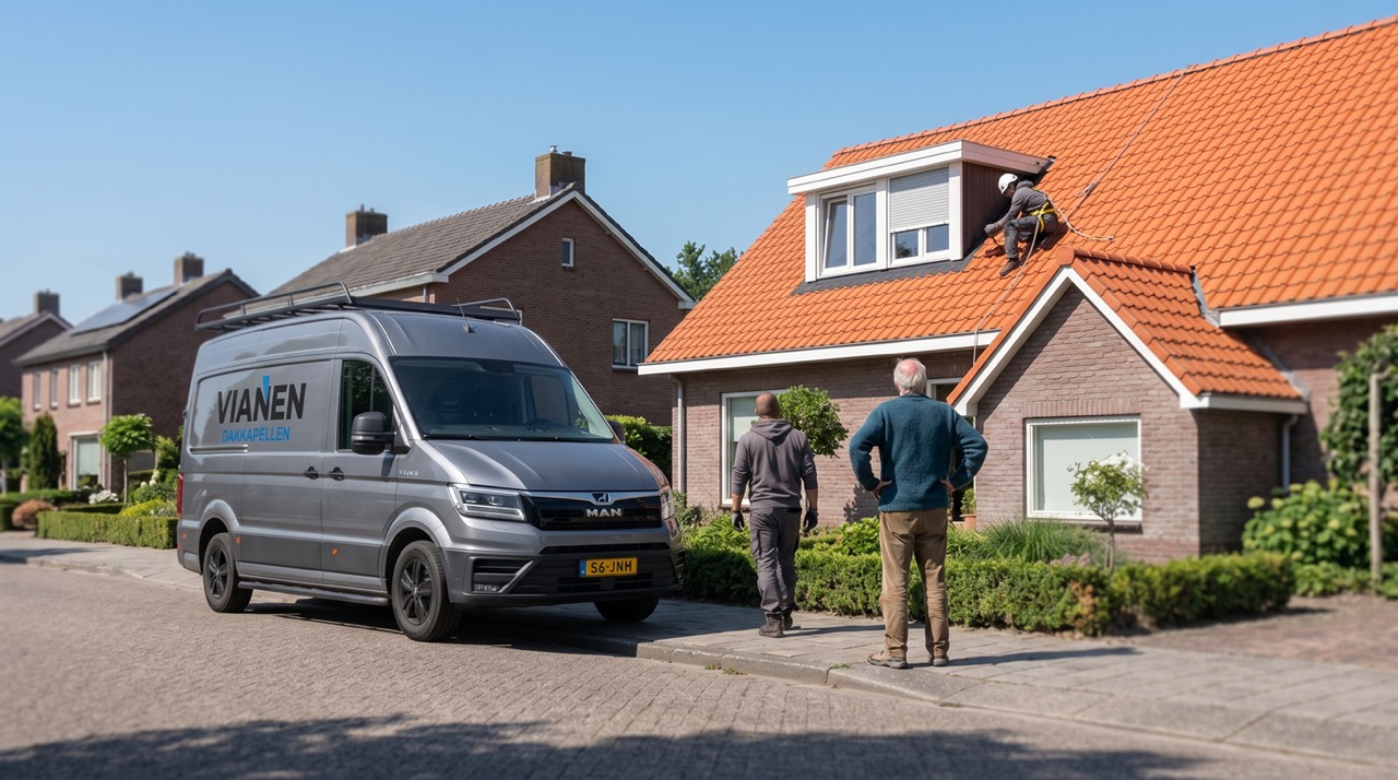 Werknemer repareert dakraam op schuindak terwijl twee mannen toekijken naast een bus van Vianen Dakkapellen.