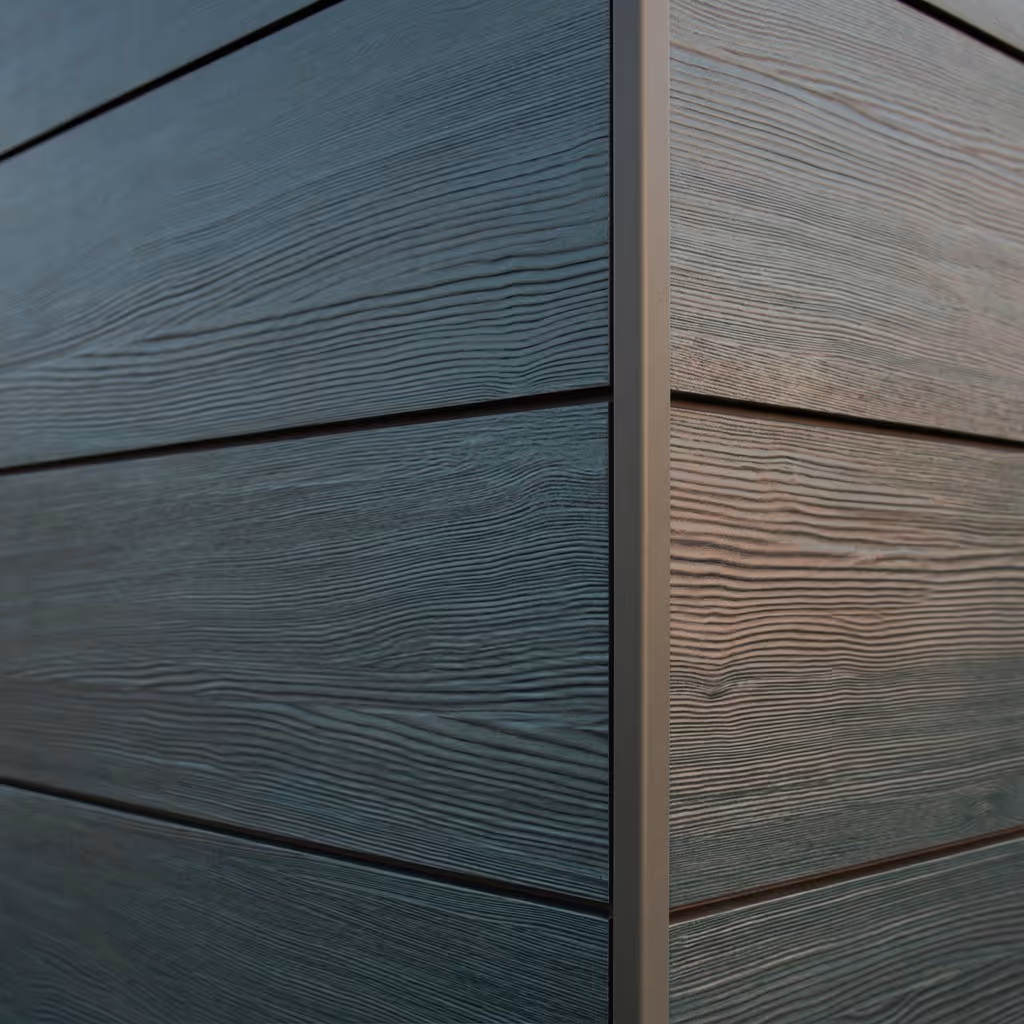 Close-up van hoek van gevelbekleding met houtnerfstructuur in blauw en grijs