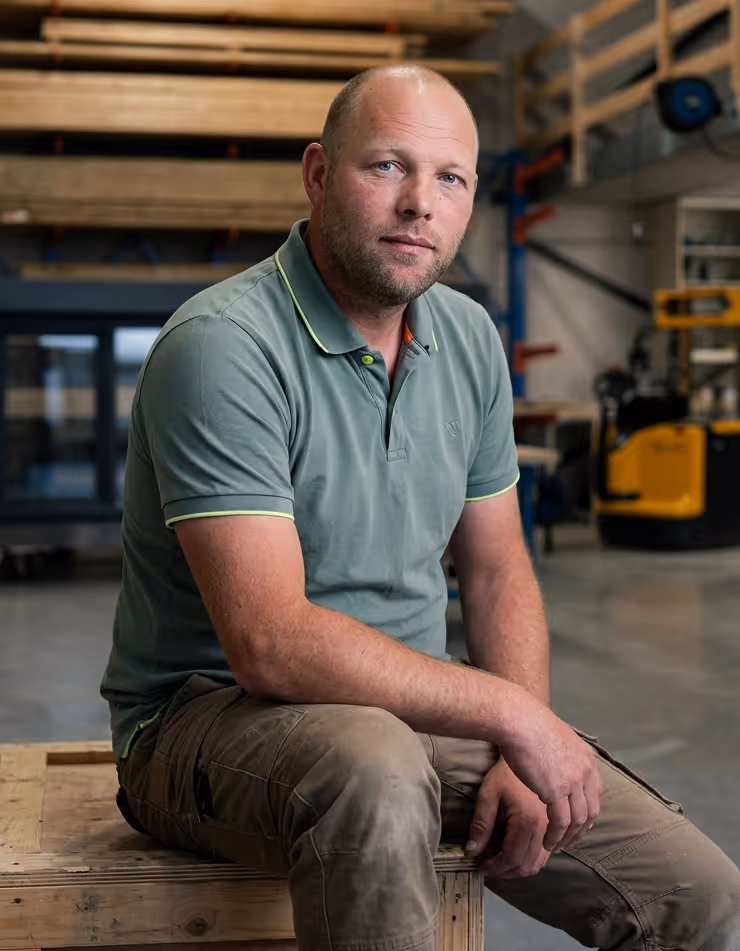 Man in een groen poloshirt zit op een houten doos in een werkplaats met hout en gereedschap.