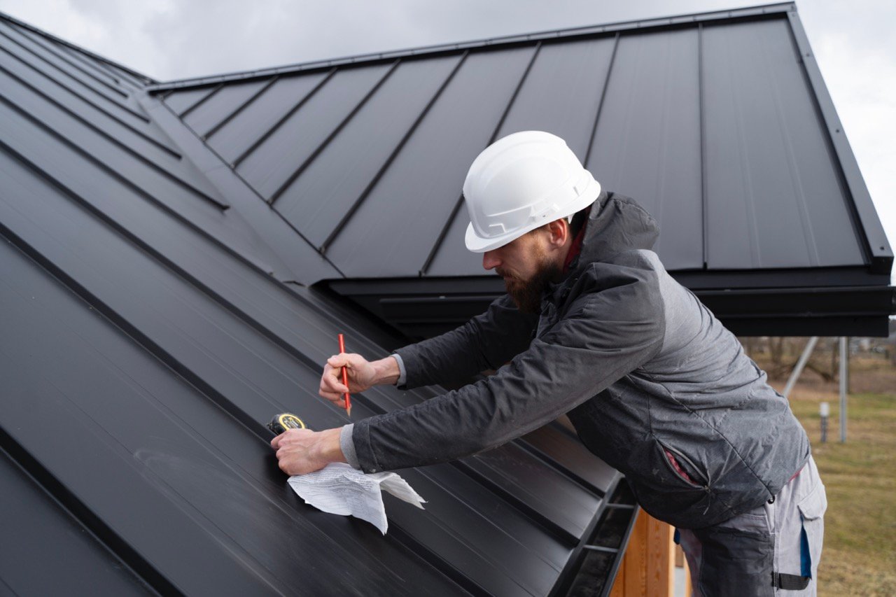 Man met witte helm markeert met potlood meting op zwart metalen dakpaneel buiten.